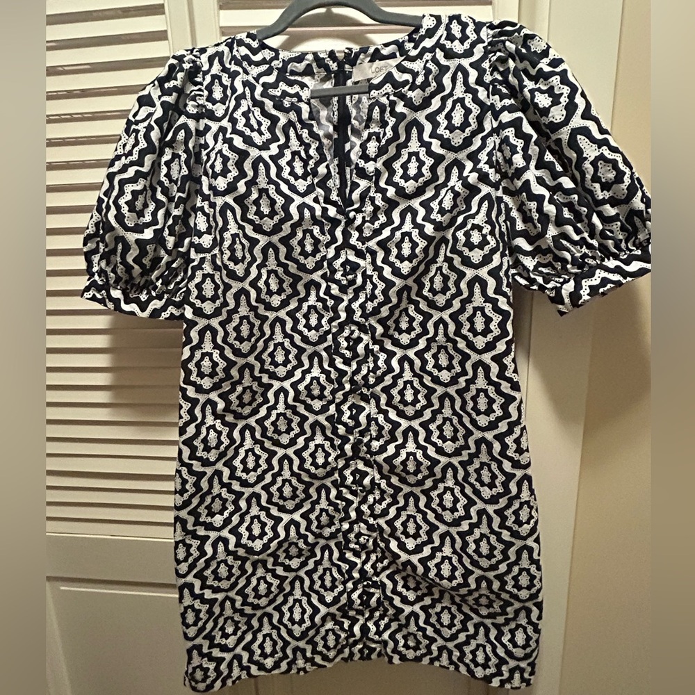 LOFT Navy and White Geometric Long Sleeve Dress